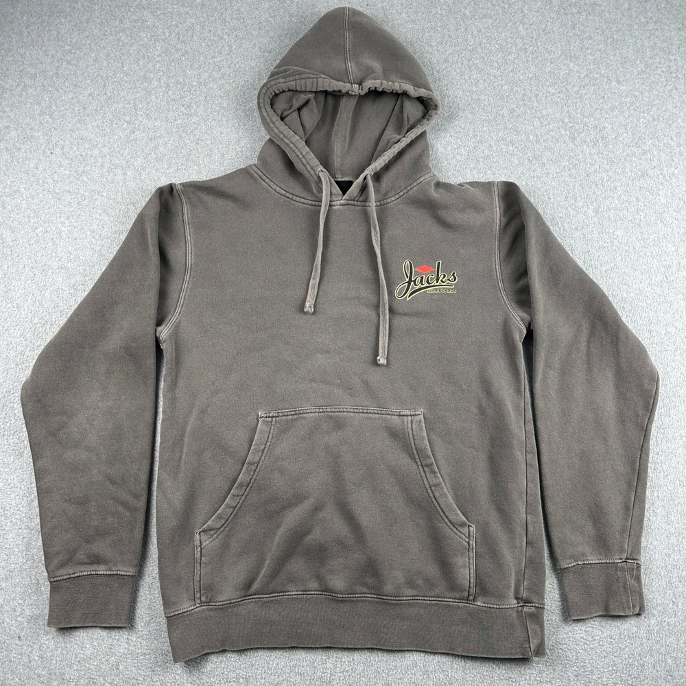 Jacks Surfboards Hoodie Mens Small Grey Garment Dyed Graphic Pullover Sweatshirt